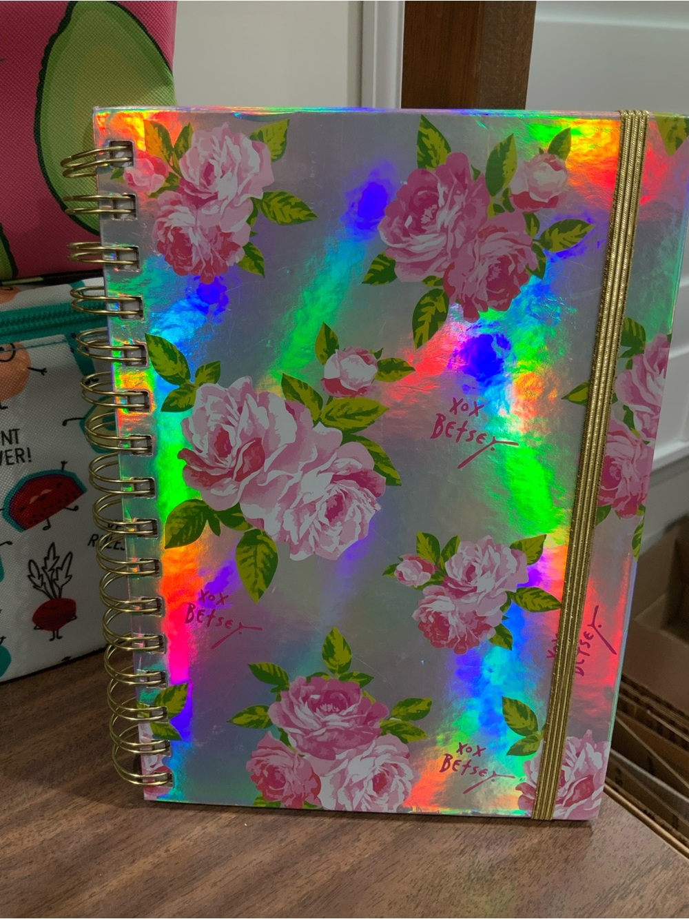 Betsey Johnson Pink Floral Holographic Spiral Notebook with Gold Elastic